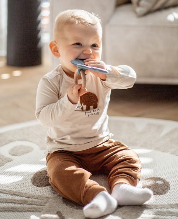 Silikonowy gryzak z drewnianym kółkiem Motylek – Niebieski, Label Label