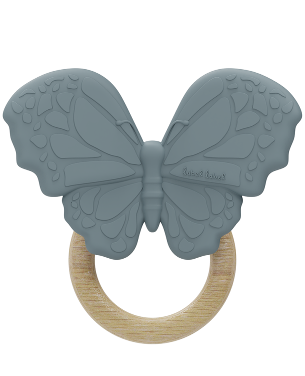 Silikonowy gryzak z drewnianym kółkiem Motylek – Niebieski, Label Label