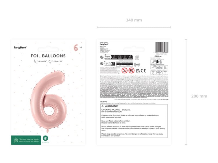Balon foliowy 6 jasny różowy 72cm