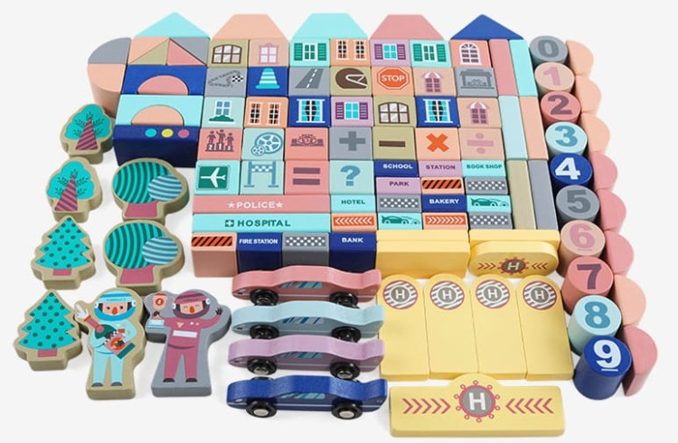 Klocki drewniane 161 elementów - Tor wyścigowy + Puzzle